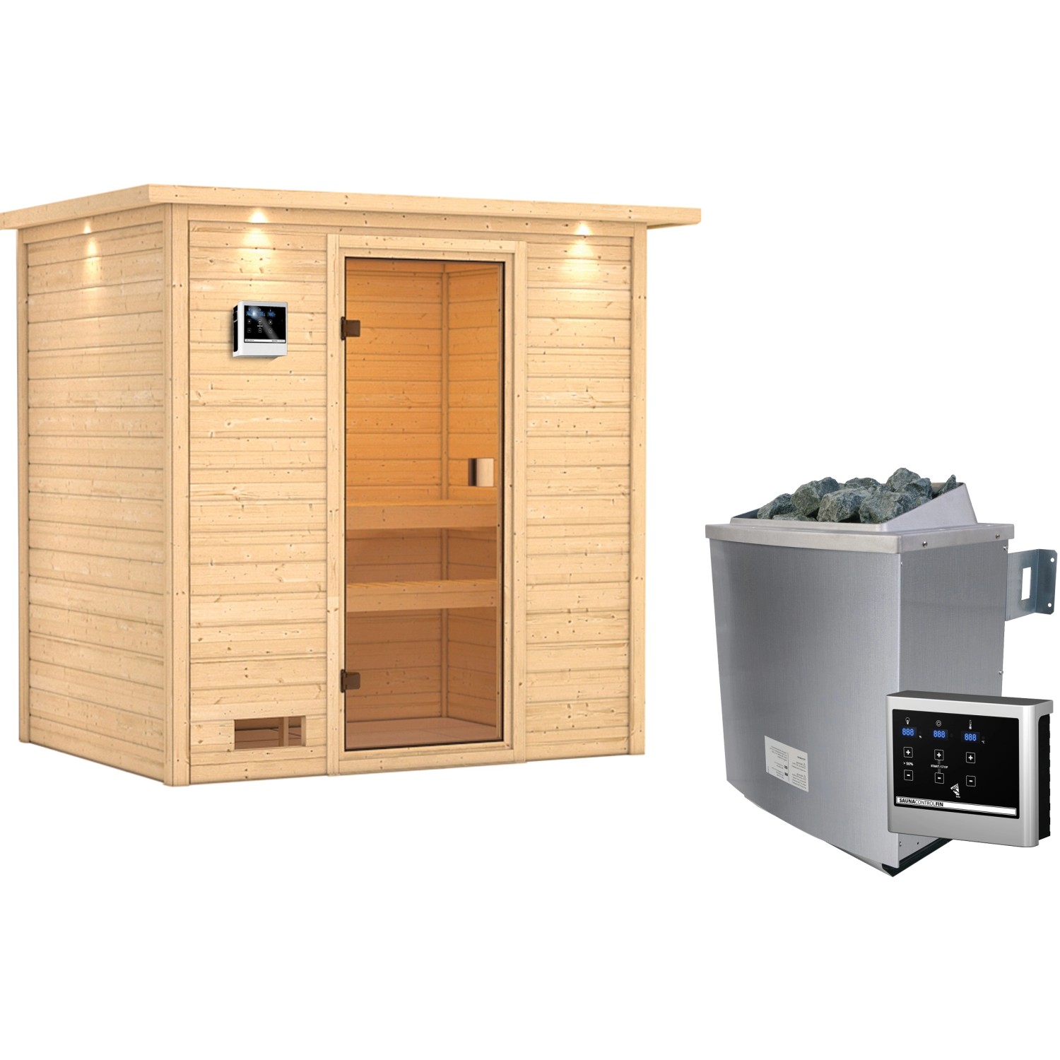 Woodfeeling Sauna Selena Inkl Kw Ofen Mit Ext Strg Led Dachkranz