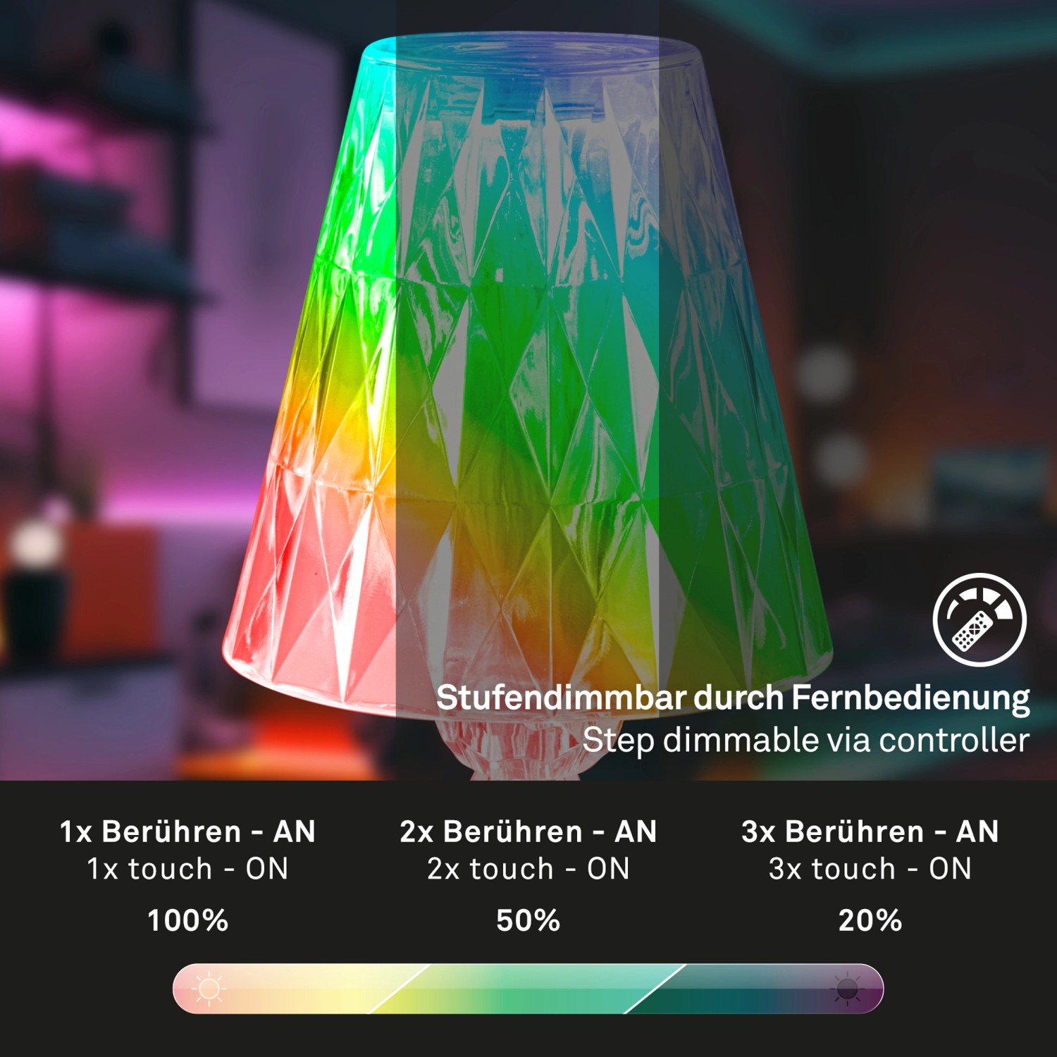 Brilo Akku Tischleuchte Kristalloptik 2 3W Mit RGB 25 5 Cm X 11 5 Cm