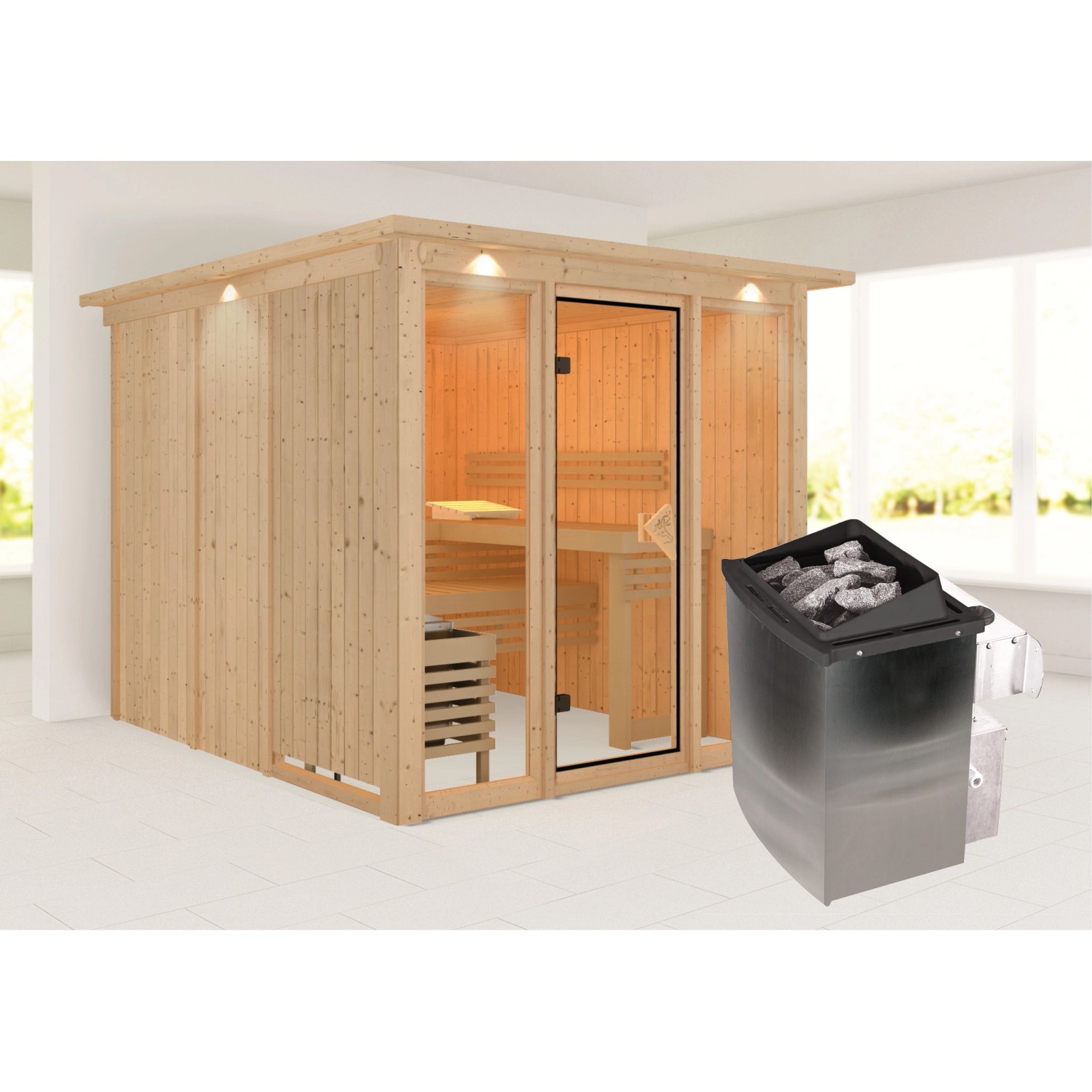 Karibu Sauna Svava Glasfront Mit Kranz Set Natur M Ofen Kw Integr