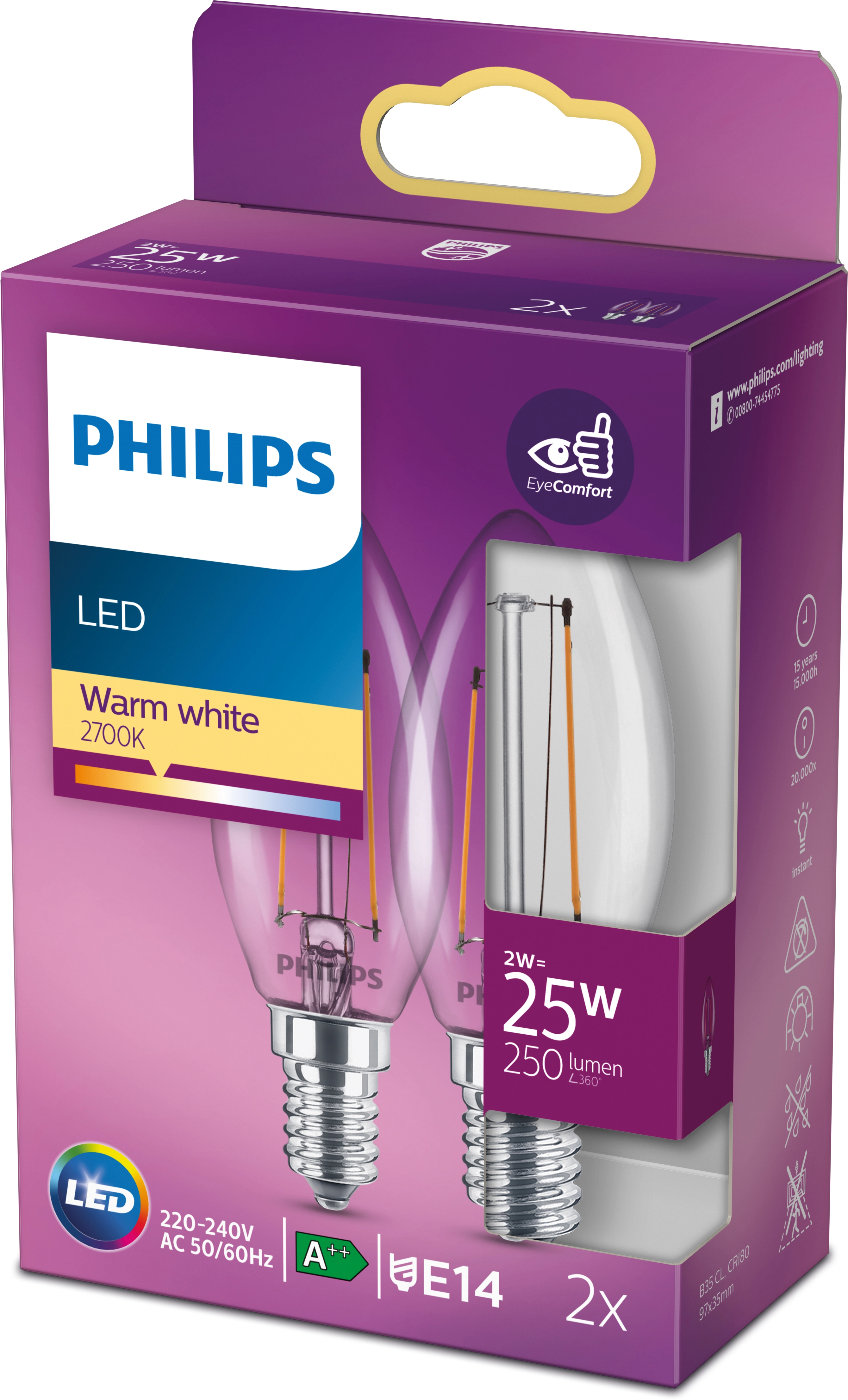 Philips LED Leuchtmittel E14 Kerzenform 2 W 250 Lm 2er Set 9 7 X 3 5 Cm