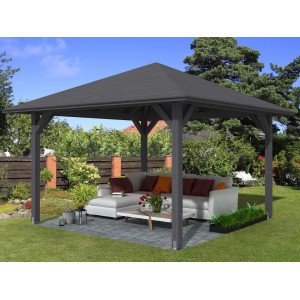 Skan Holz Pavillon Cannes 2, schiefergrau lasiert, 359x359 cm. Gartenlaube mit robustem Leimholz und Dach.