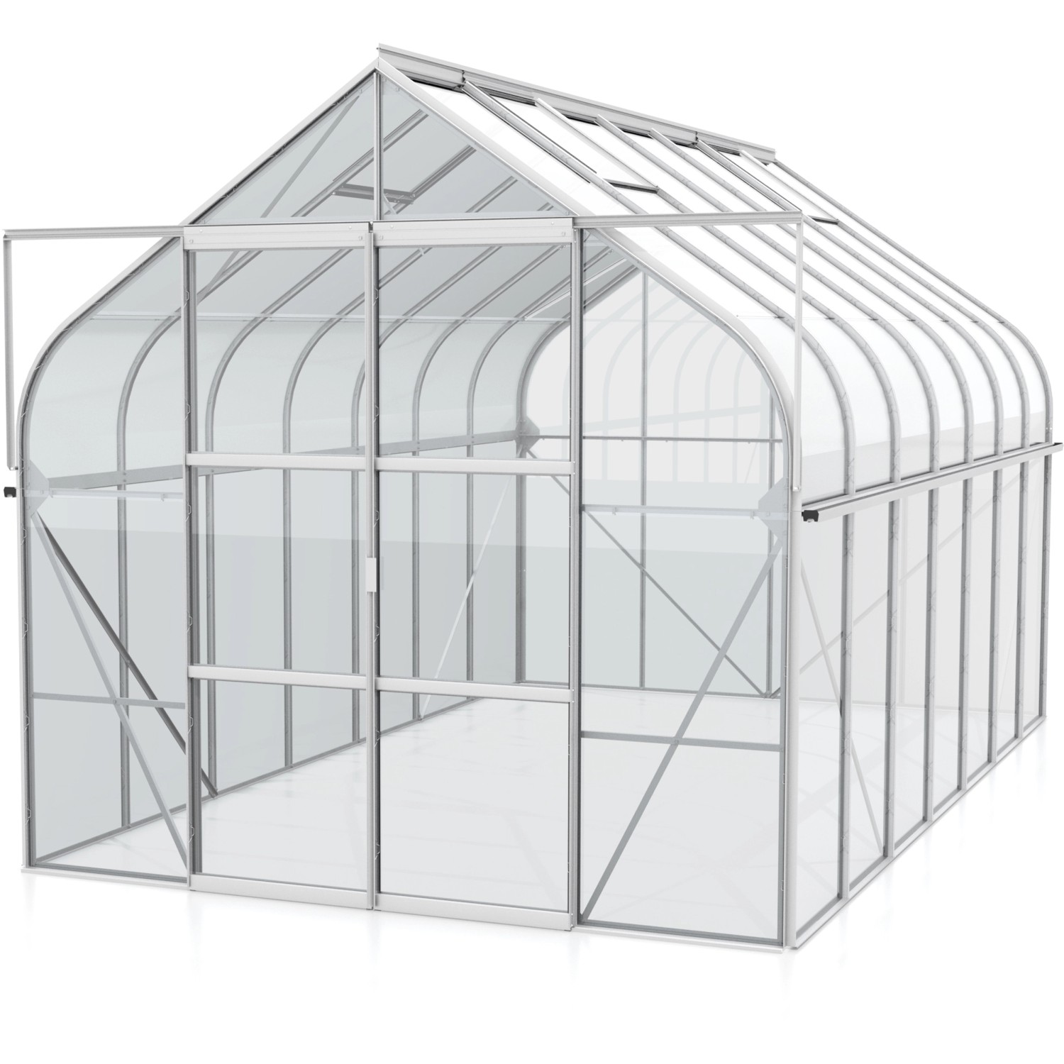 Gewächshaus Diana 11500 mit ESG Glas und Alu-Rahmen, Doppelschiebetür und 4 Dachfenstern.