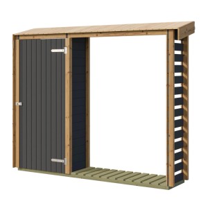 Weka Brennholzregal Killarney 300 cm in Anthrazit-Eiche mit abschließbarer Tür und Holzboden.