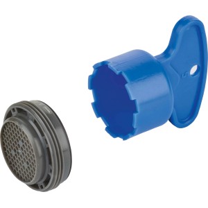 Mischdüse M24 mit Schlüssel für Waschtischarmatur, Kunststoff grau/blau.