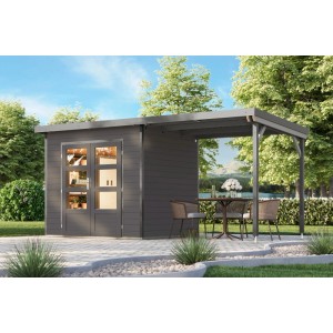 Karibu Gartenhaus Domingo 2 B mit Anbaudach, grau-alu, mit Sitzgruppe im Garten.