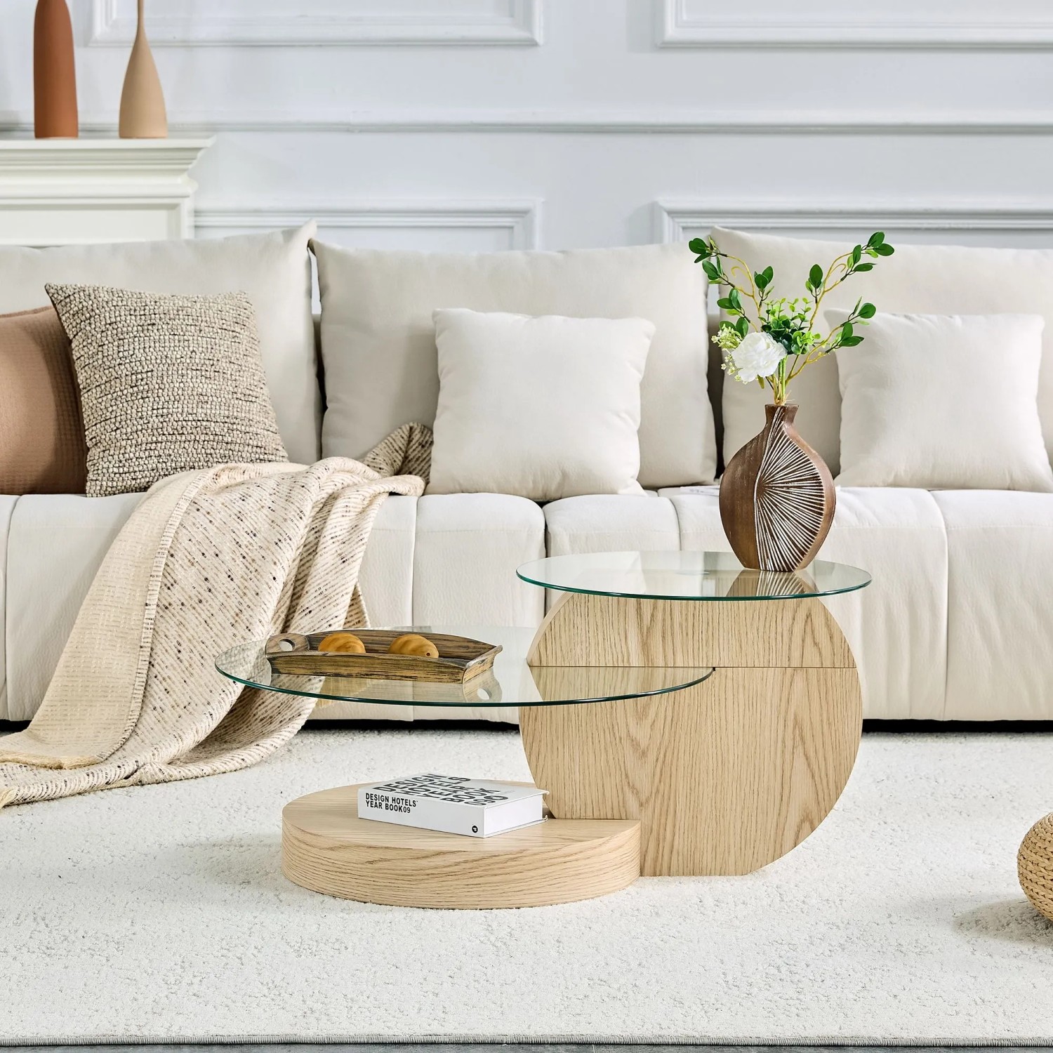 okwish Couchtisch mit Glas und Zwei Ebenen für Wohnzimmer 90x70x44 cm Natur_3