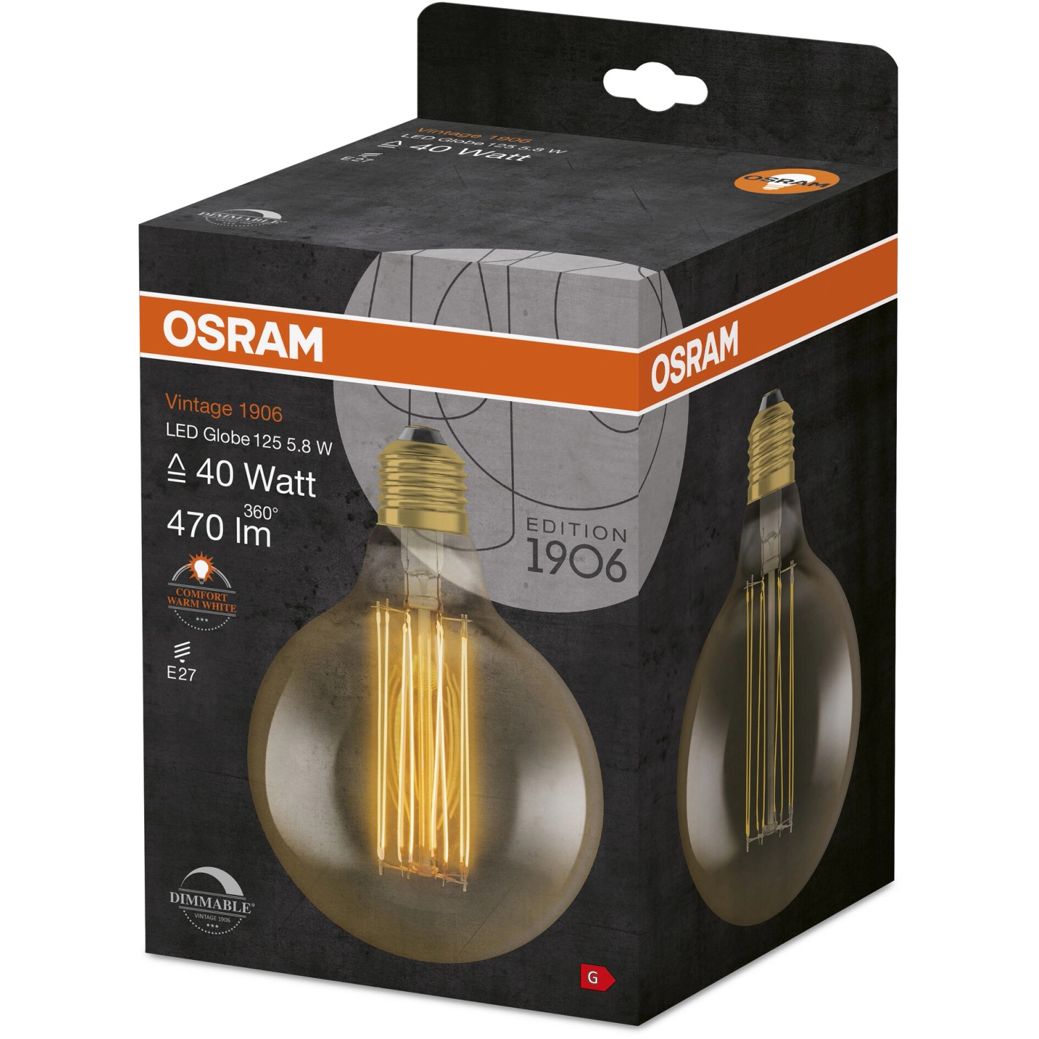 Osram LED-Leuchtmittel E27 Globe in Verpackung, 5,8W, warmweiß, dimmbar.