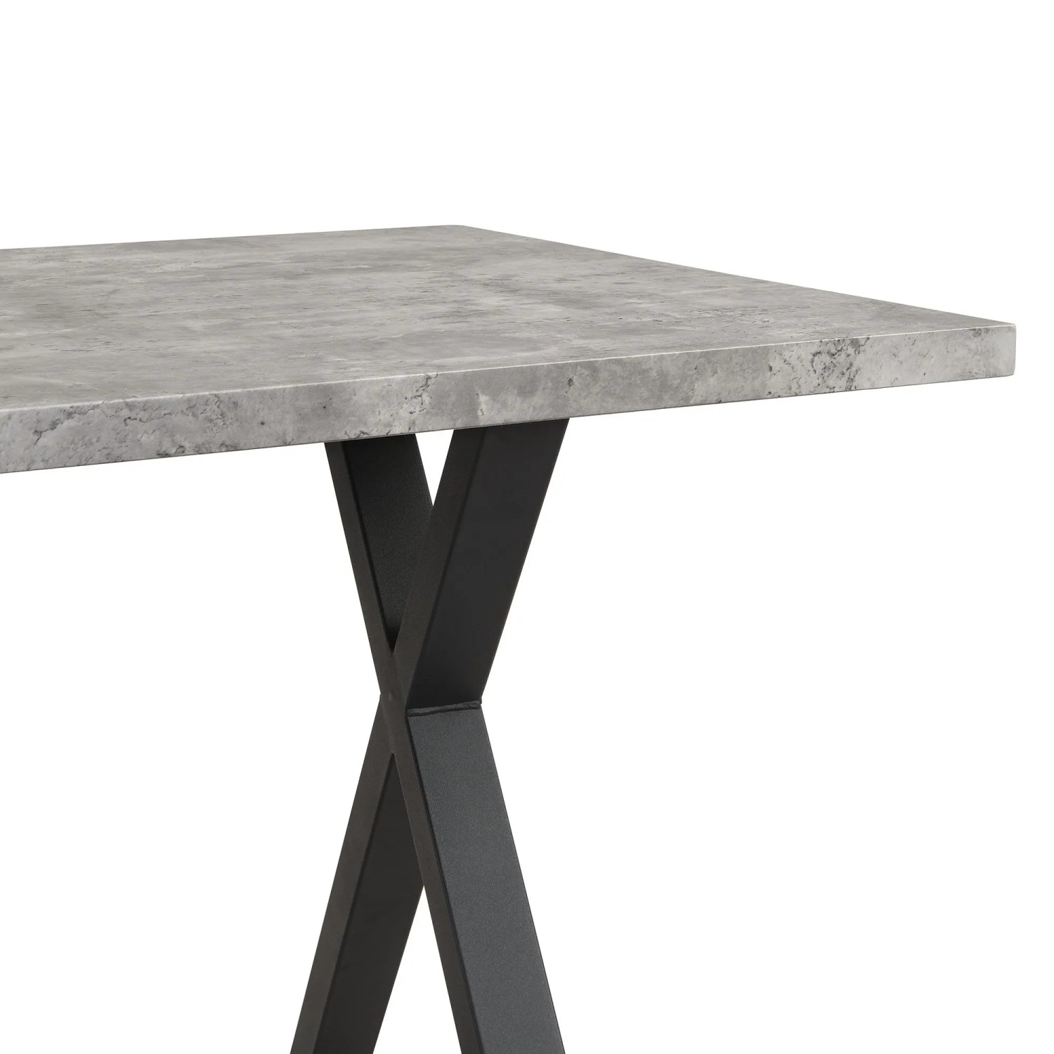 Grauer rechteckiger Esstisch/Couchtisch mit Betonoptik und schwarzem X-förmigem Metallgestell. Modernes Design.