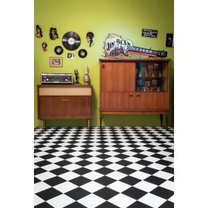 Andiamo PVC-Bodenbelag in Schwarz-Weiß Fliesenoptik, Meterware.