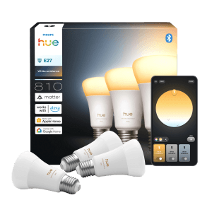 Philips Hue E27 LED Lampe 3er-Pack: Smarte, dimmbare Leuchtmittel mit Weißlicht-Ambiente und App-Steuerung.