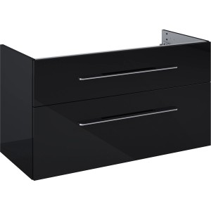 Schwarzer Waschbeckenunterschrank Madrid, 100 cm breit, mit zwei Schubladen und verchromten Griffen.
