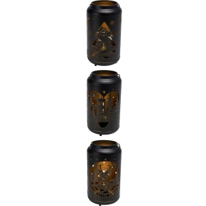 Drei schwarze Laternen mit weihnachtlichen Motiven (Baum, Haus, Hirsch) und goldenem Inneren.