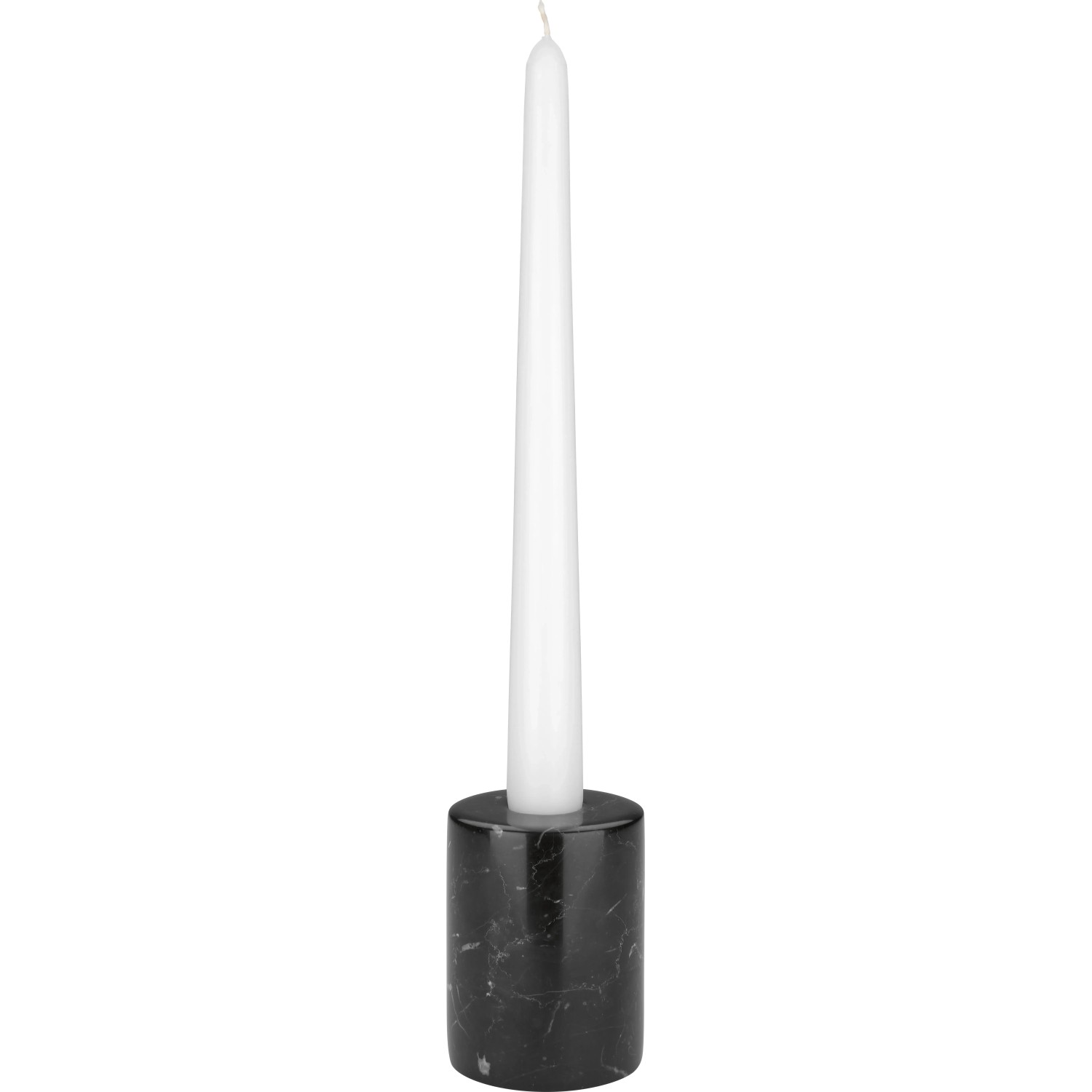 Schwarzer Teelichthalter Midnight Mystery aus Marmor, 8 cm hoch, mit weißer Kerze.