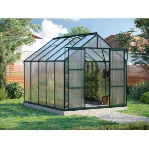 Grünes Gewächshaus Uranus 8300 mit Doppelschiebetür und Dachfenstern im Garten.