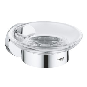 Grohe QuickFix Seifenschale mit Halter, Chrom, Glas. Wandmontage für Bad & WC.