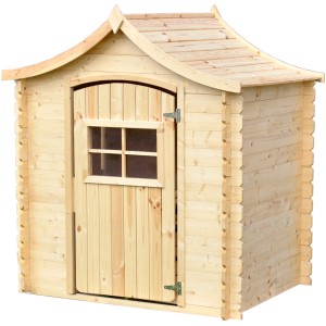 Timbela Kinderspielhaus M550-1 aus Holz im japanischen Stil, naturbelassen mit Tür und Fenster.