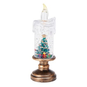 Weihnachtsdeko LED-Kerze mit Glitzer, Wasser und Weihnachtsbaum auf goldener Basis. Festliche Dekoration.