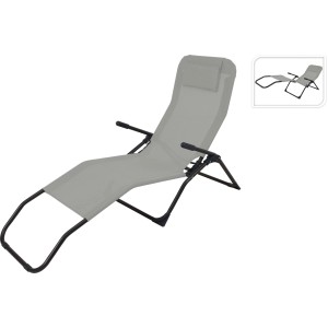 Grauer Loungestuhl Siesta, 158 cm, mit dunklem Metallrahmen und Kopfstütze für Garten, Balkon oder Terrasse.