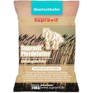 Supravit Hafer Walzhafer Kraftfutter 20KG. Beige Sack mit blauer Quetschhafer Aufschrift und Pferdemotiv.