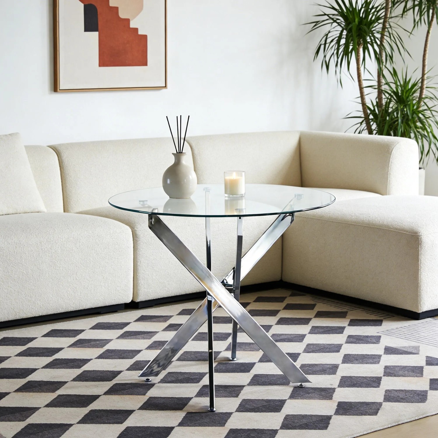 okwish Esstisch mit Metallbein und Glas Wohnzimmer Rundtisch Chrom Beine 80x80x75cm Silber kaufen bei OBI