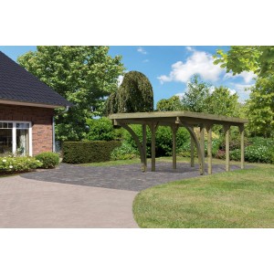 Karibu Einzelcarport Classic aus Holz, kesseldruckimprägniert, mit PVC Dachplatten im Garten.