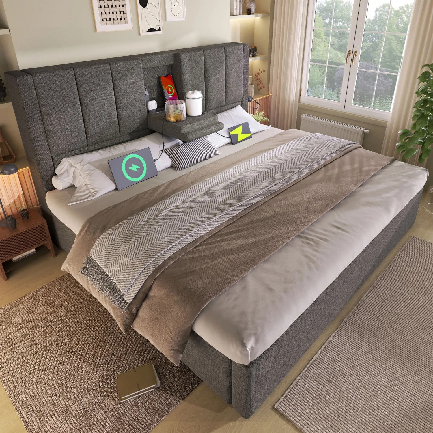 okwish Polsterbett 140x190cm mit Becherhalter Kinderzimmer Grau ohne Matratze_6