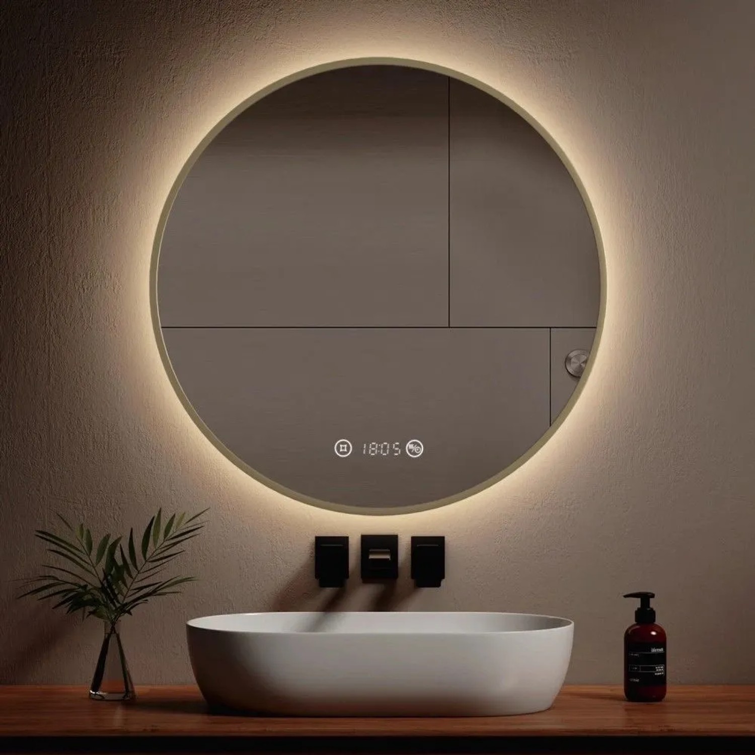 Runder Emke LED Badspiegel 80 cm mit Goldrahmen, Beleuchtung, Antibeschlag, Uhr und Temperaturanzeige.