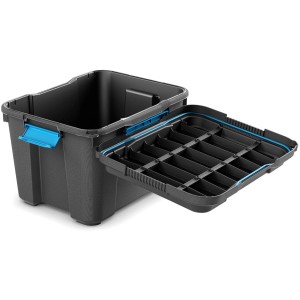 Schwarze Aufbewahrungsbox Scuba M mit blauem Silikonring im Deckel, geöffnet.