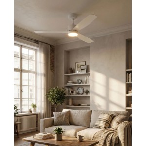 Weißer Eglo LED-Deckenventilator Bonassola (Ø 132,6 cm) mit Licht in modernem Wohnraum.