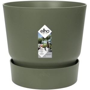 Elho Blumentopf Greenville, rund, 16 cm, Laubgrün. Kunststoff Pflanztopf mit integriertem Untersetzer.