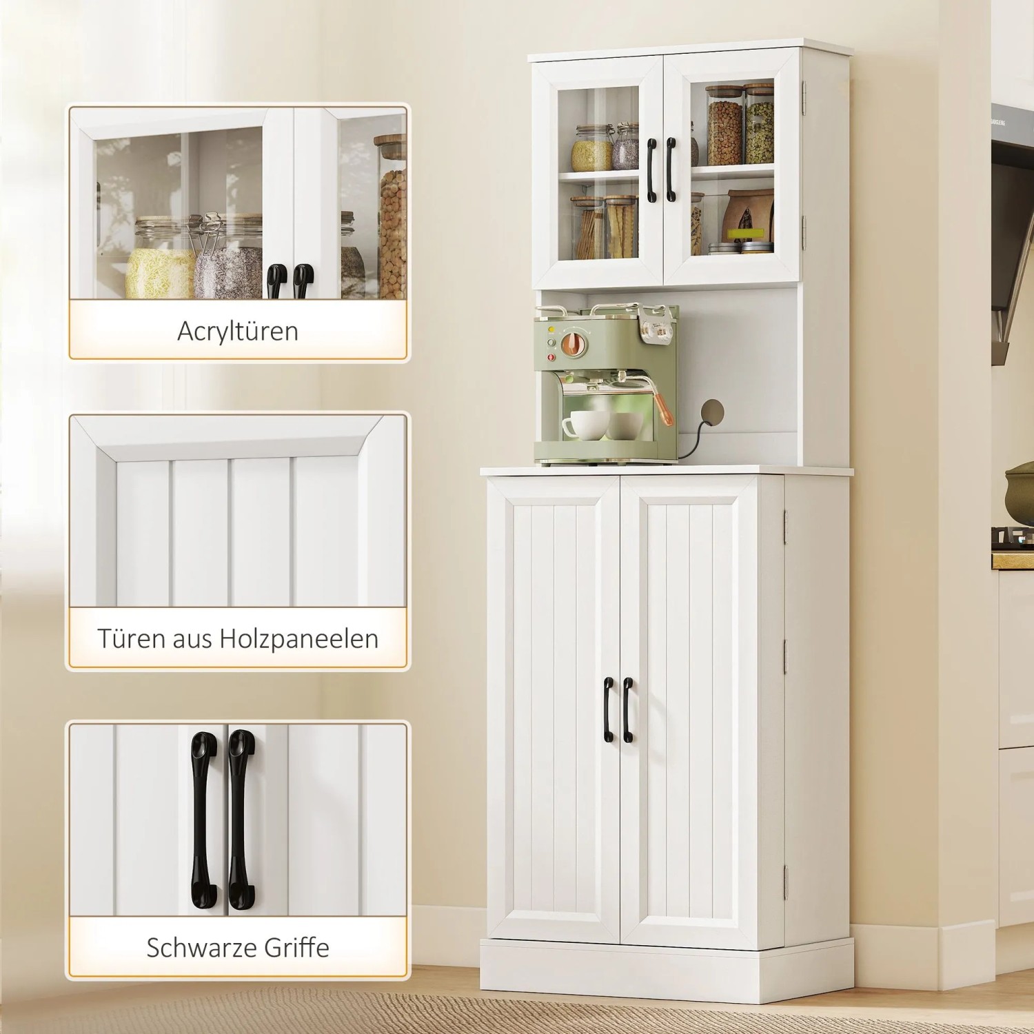 Weißer HOMCOM Küchenschrank mit Acryltüren, Arbeitsplatte für Kaffeemaschine und geschlossenen Türen. Schwarze Griffe, Landhausstil.