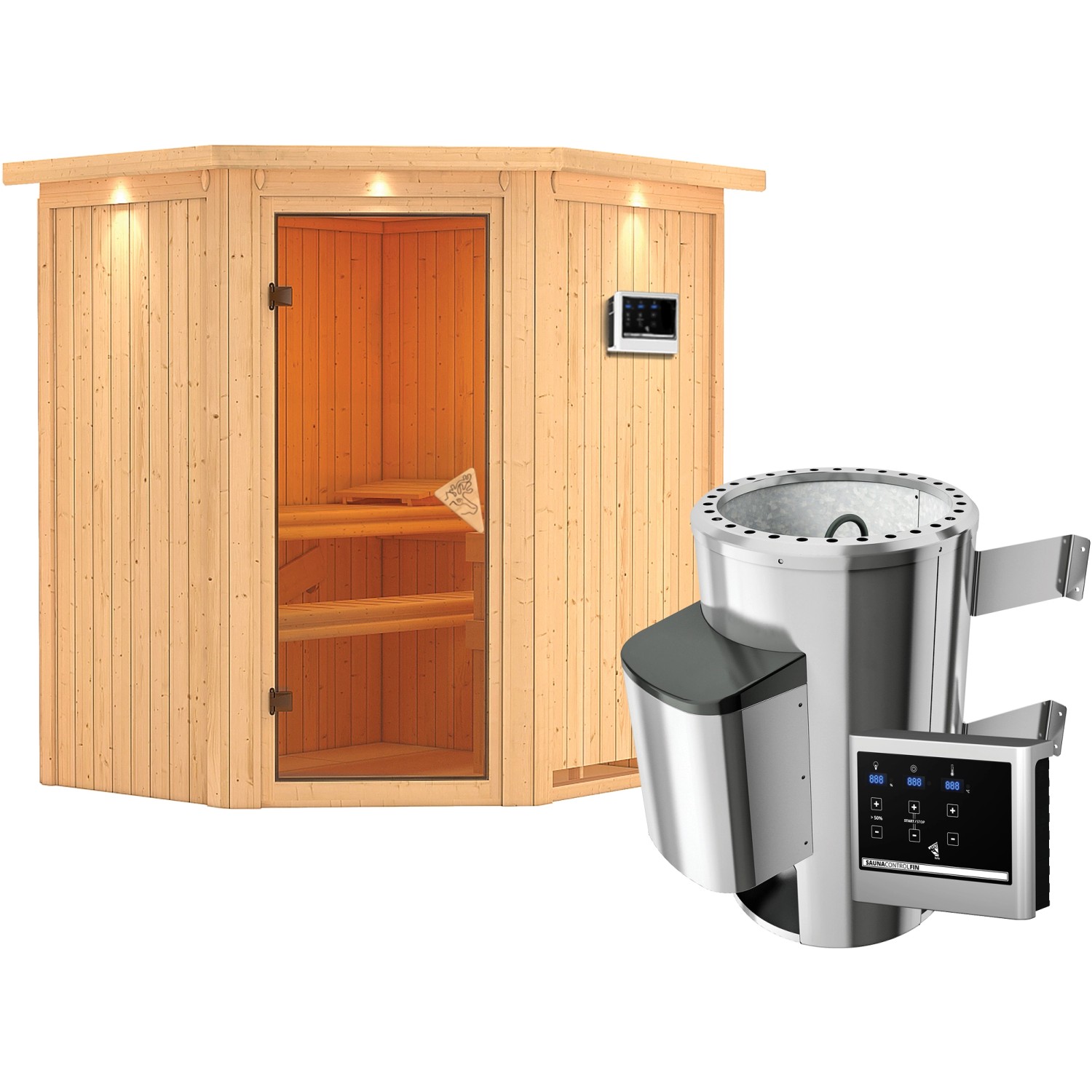 Karibu Sauna Thora mit Ofen und LED-Dachkranz aus naturbelassener Fichte.