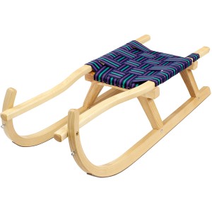 Gasser Tourenrodel Einsitzer aus Eschenholz mit blau-türkisem Gurtensitz.