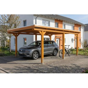 Skan Holz Carport Emsland, Eiche Hell, mit Flachdach und EPDM-Dach. Schützt Auto und Fahrrad.