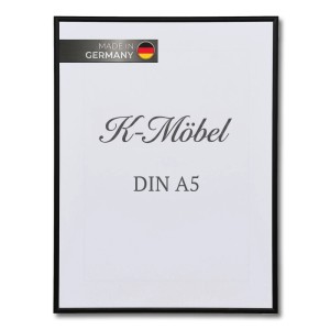 Schwarzer K-Möbel Aluminium Bilderrahmen DIN A5 mit Antireflex-Kunstglas, Made in Germany, für Hoch- oder Querformat.
