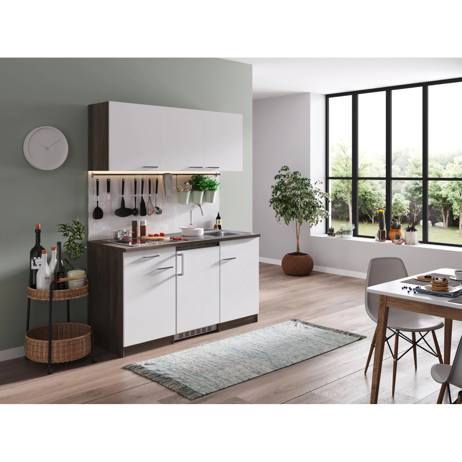 Respekta Küchenzeile KB150EYWC, 150 cm, Weiß/Eiche York Dekor mit Spüle, Kochfeld und Kühlschrank.