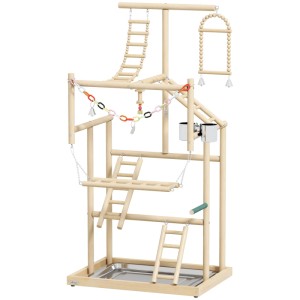 PawHut Vogelspielplatz aus hellem Holz mit mehreren Ebenen, Leitern, Schaukeln und Futterstation.
