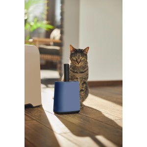 Rotho Biala Schaufel mit Halter in Horizontblau für Katzenklos, mit Katze im Hintergrund.