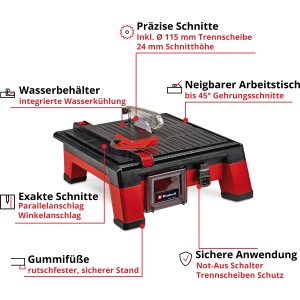 Einhell Akku-Fliesenschneidmaschine TE-TC 18/115 Li Solo: Tisch mit Diamanttrennscheibe und Wasserkühlung.