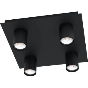 Eckige, schwarze Eglo Spotleuchte Valcasotto mit 4 Lampen (GU10, 4,5W) für Deckenmontage.