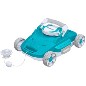 Bestway AquaTronix G200 Poolroboter, autonom, akkubetrieben, türkis-weiß mit grauen Rädern und Rückholleine.