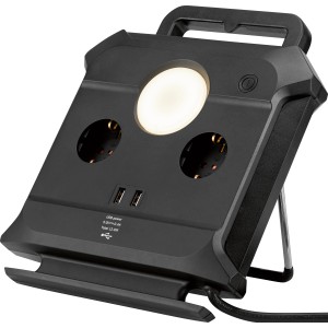 Schwarze Kabeltrommel mit USB, Leuchte und 2 Schuko-Steckdosen, 1,4 m Kabel für den Innenbereich.