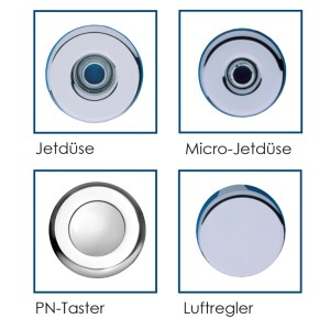 Chrom-Komponenten des Ottofond Whirlpools: Jetdüse, Micro-Jetdüse, Bedientaster und Luftregler.