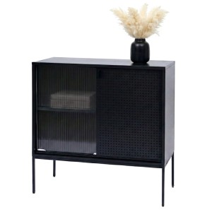 Schwarze MCW Kommode O90 im Industrial Look mit Schiebetüren, Metallfüßen und zwei Staufächern.