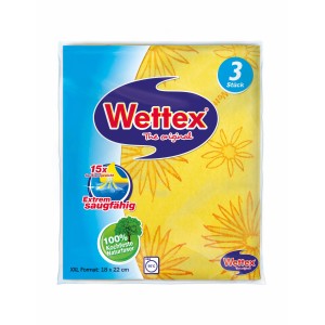 Wettex Schwammtuch 3er-Set, gelb mit Blumenmuster, saugfähig und kochfest.