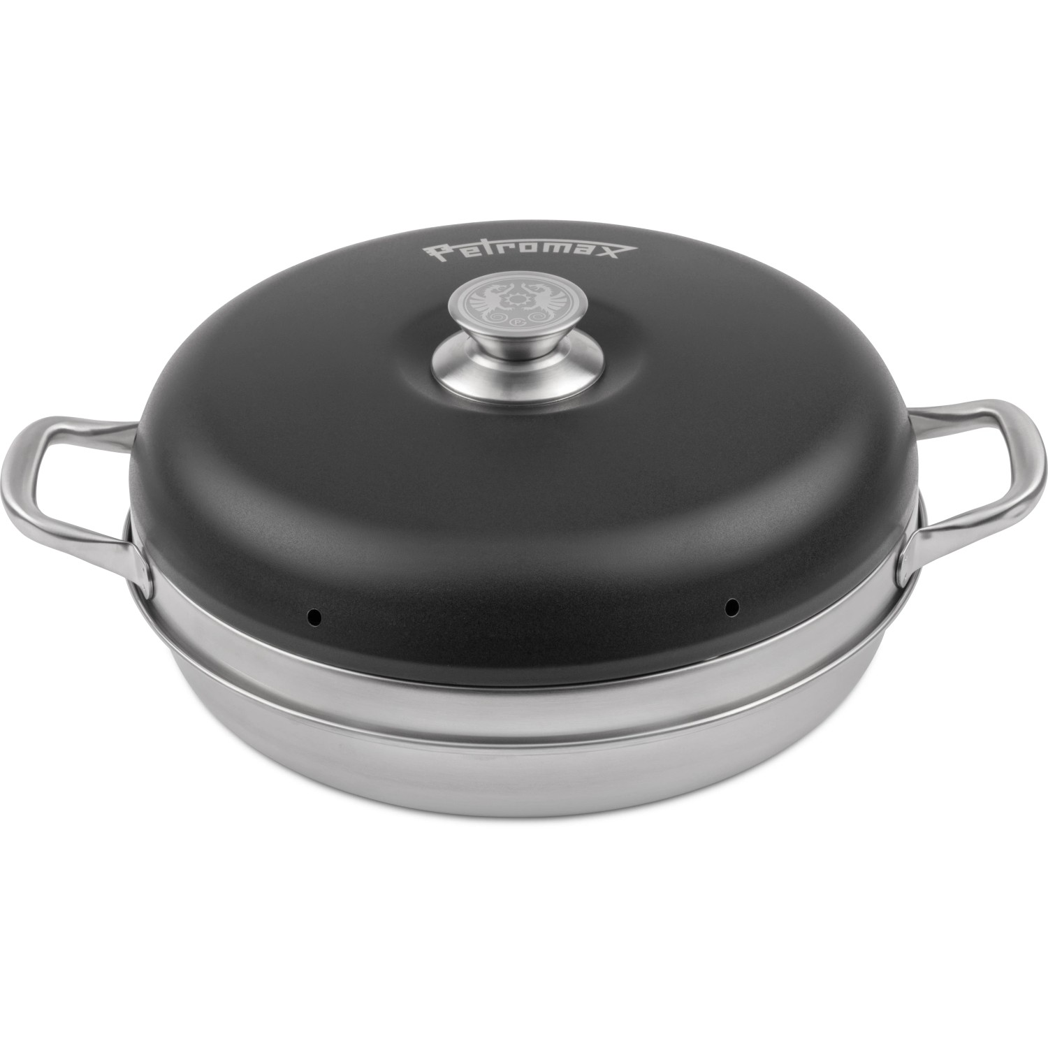 Petromax Camping Backofen aus Edelstahl. Kompakter Ofen für unterwegs, ideal für Camping und Outdoor-Küche.