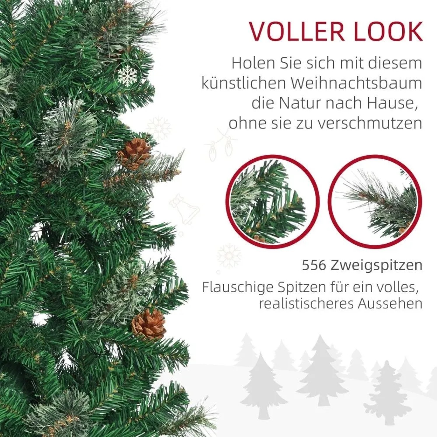 HOMCOM Weihnachtsbaum mit dichten grünen Kunststoffzweigen, Tannenzapfen und leicht beschneiten Nadeln für realistischen Look.