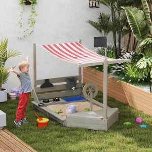 Outsunny Sandkasten Piratenschiff aus Holz mit rot-weißem Sonnendach, Küchen-Spielset für Kinder 3-7 Jahre.
