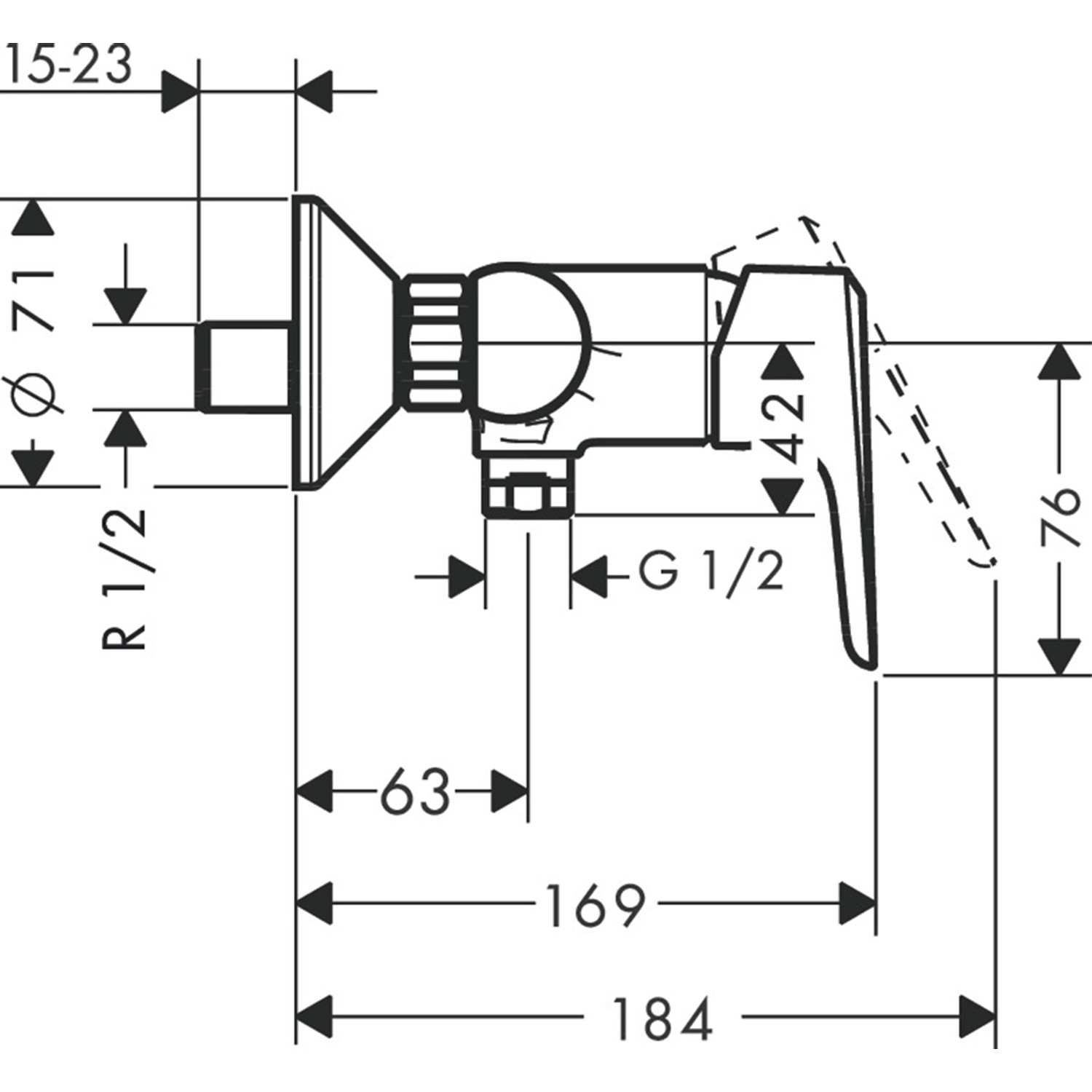 Technische Zeichnung Hansgrohe Einhebel-Brausearmatur Ecos Aufputz Chrom mit Maßen.