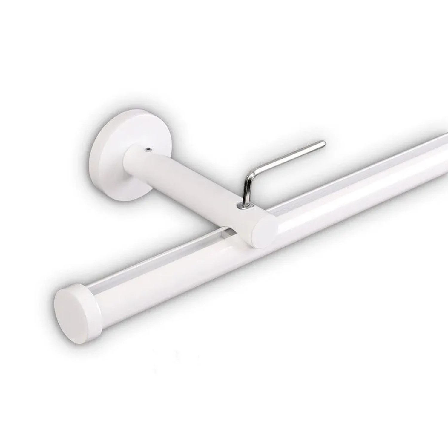 Weiße Gardinenstange mit Innenlauf, Kappe und Wandhalterung. Modernes Design für Vorhänge nach Maß.